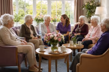 Residents and a care professional enjoying time together