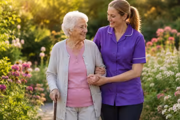 A resident enjoying a garden walk with support