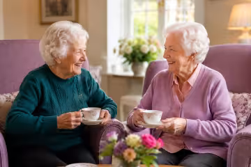 Two residents sharing tea and conversation