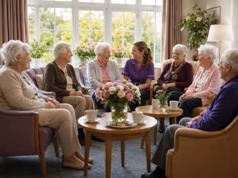 Residents and a care professional enjoying time together