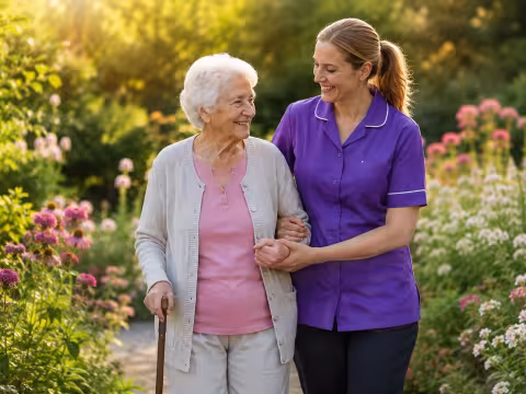 A resident enjoying a garden walk with support