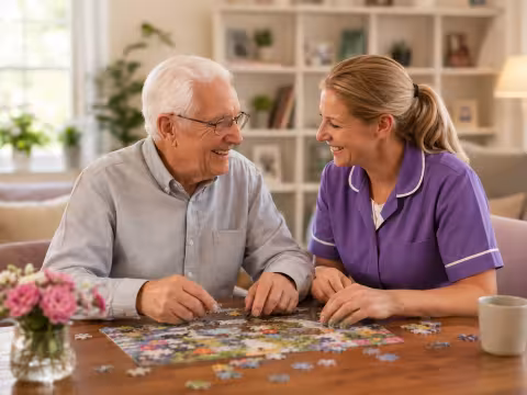 A resident and care professional completing a jigsaw puzzle
