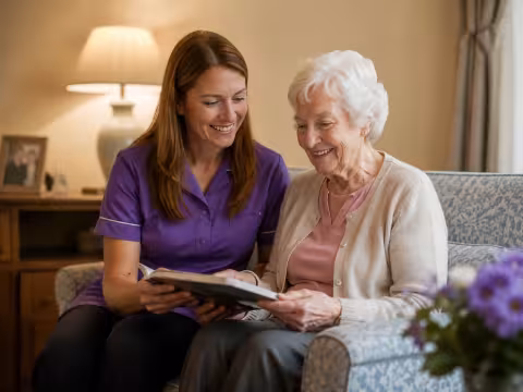 A resident sharing a book with a care professional
