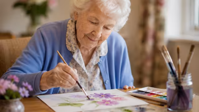 A resident enjoying a painting activity