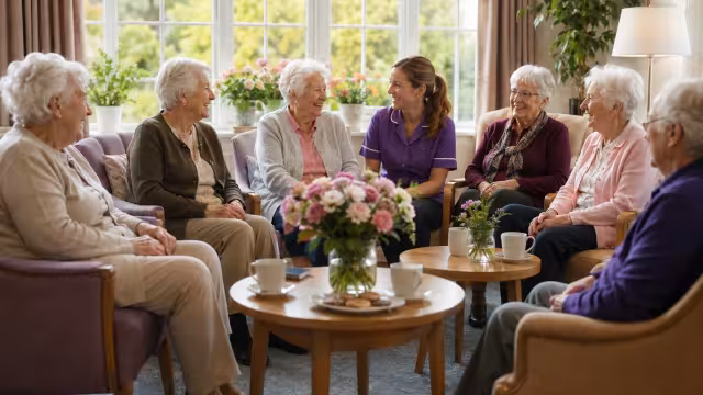 Residents and a care professional enjoying time together