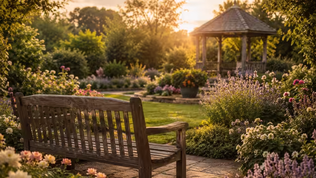 A peaceful landscaped garden with seating and a gazebo
