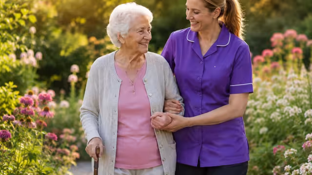 A resident enjoying a garden walk with support