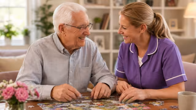 A resident and care professional completing a jigsaw puzzle