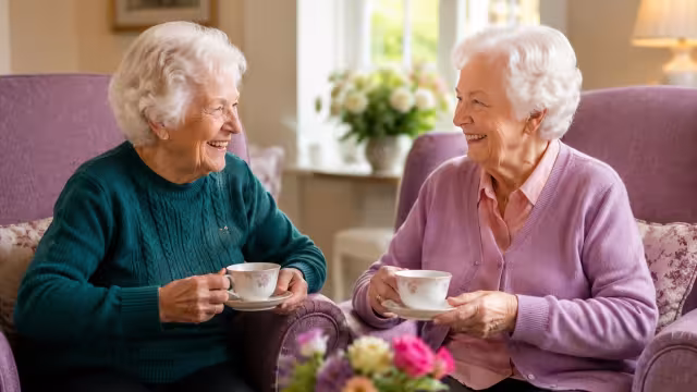 Two residents sharing tea and conversation